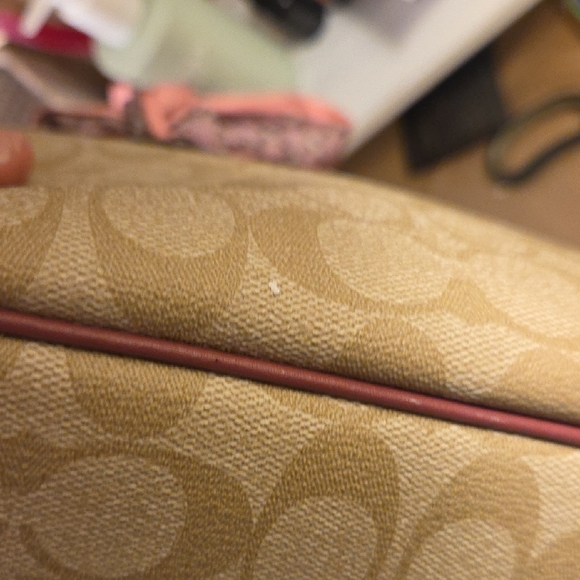 Coach Beige Tote with Burgundy Handles - Picture 7 of 10